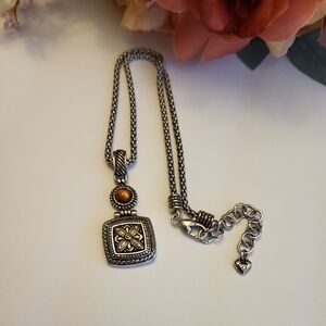 Brighton Jewelry Necklace Square Pendant Drop Amber Glass Silvertone Retired